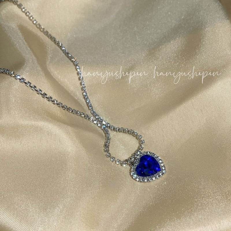 Blue Rhinestone Titanic Heart Necklace